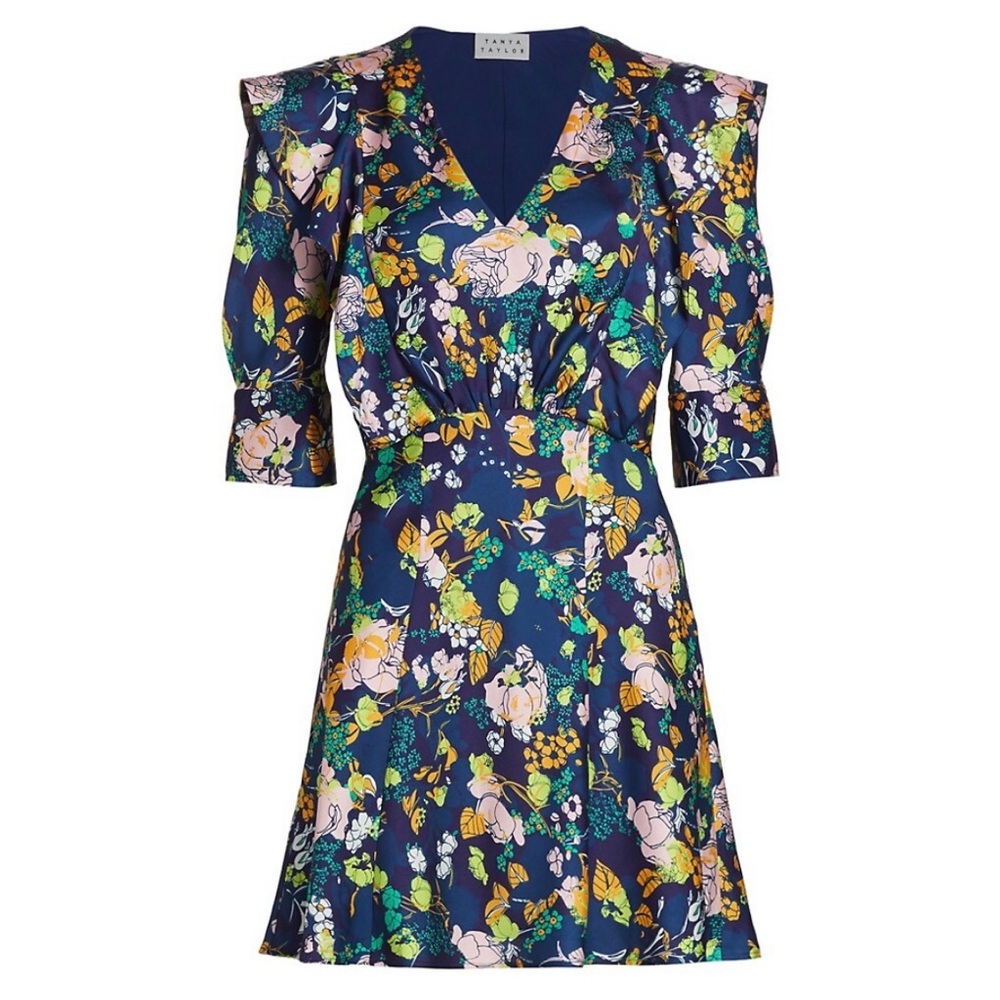 NWT Tanya Taylor navy floral short sleeve printed ruffle v-neck mini dress
